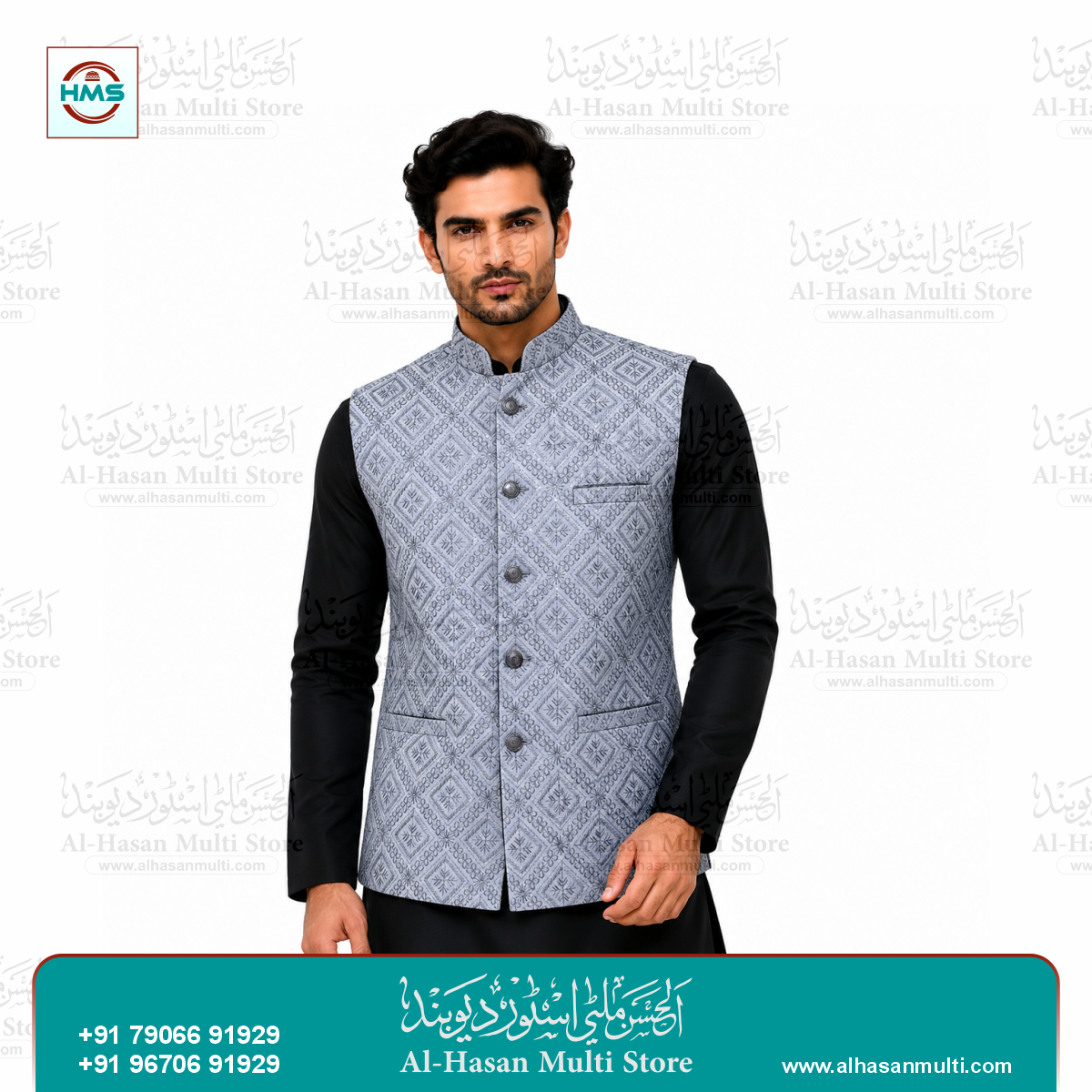 Silver Grey Diamond Sequin Sadri Waistcoat for Men