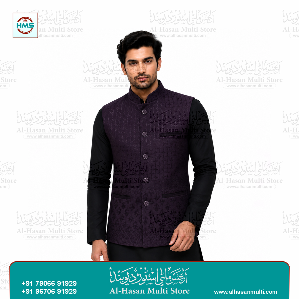 Royal Plum Floral Jacquard Sadri Waistcoat for Men