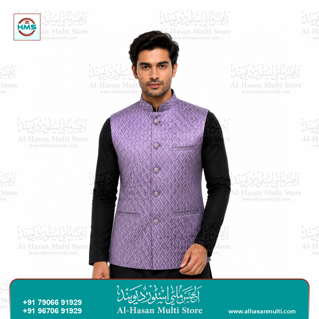 Mauve Diamond Jacquard Sadri Waistcoat for Men
