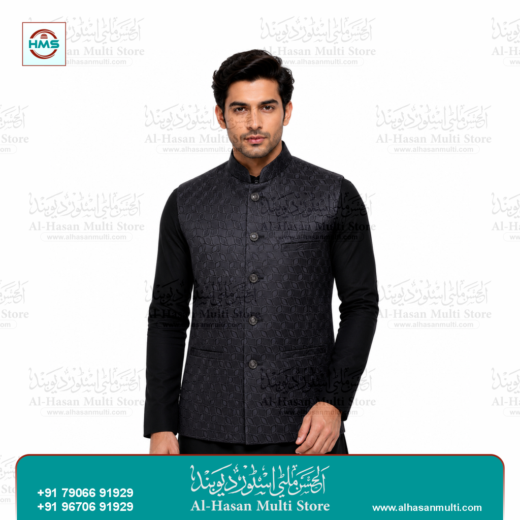 Onyx Black Leaf Jacquard Sadri Waistcoat for Men