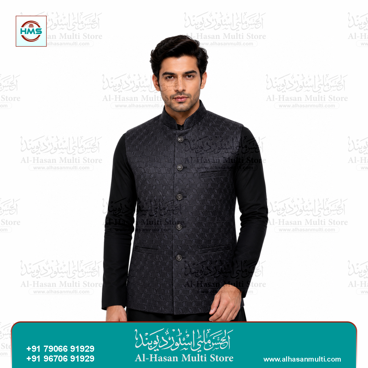 Onyx Black Leaf Jacquard Sadri Waistcoat for Men