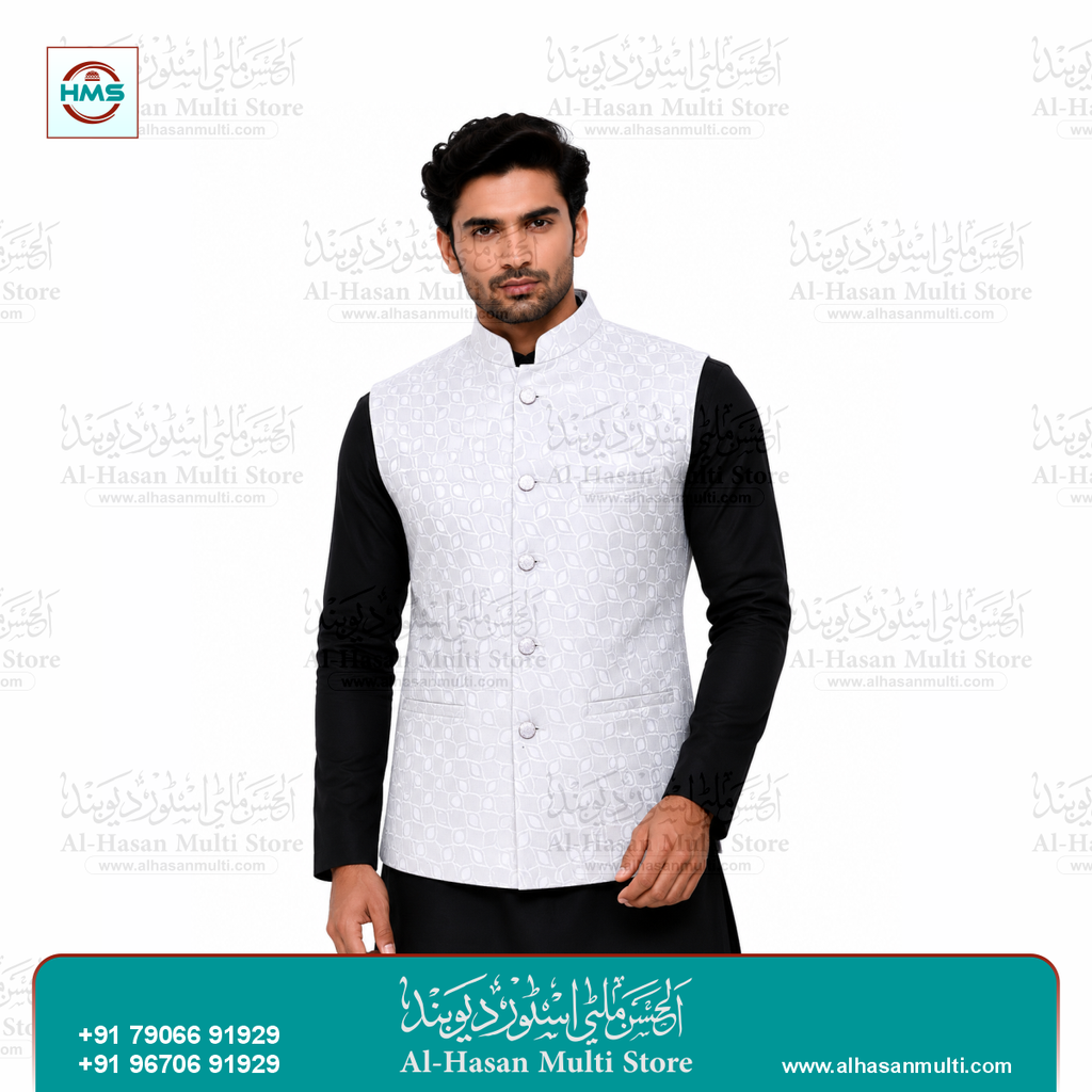 Silver Leaf Jacquard Sadri Waistcoat for Men
