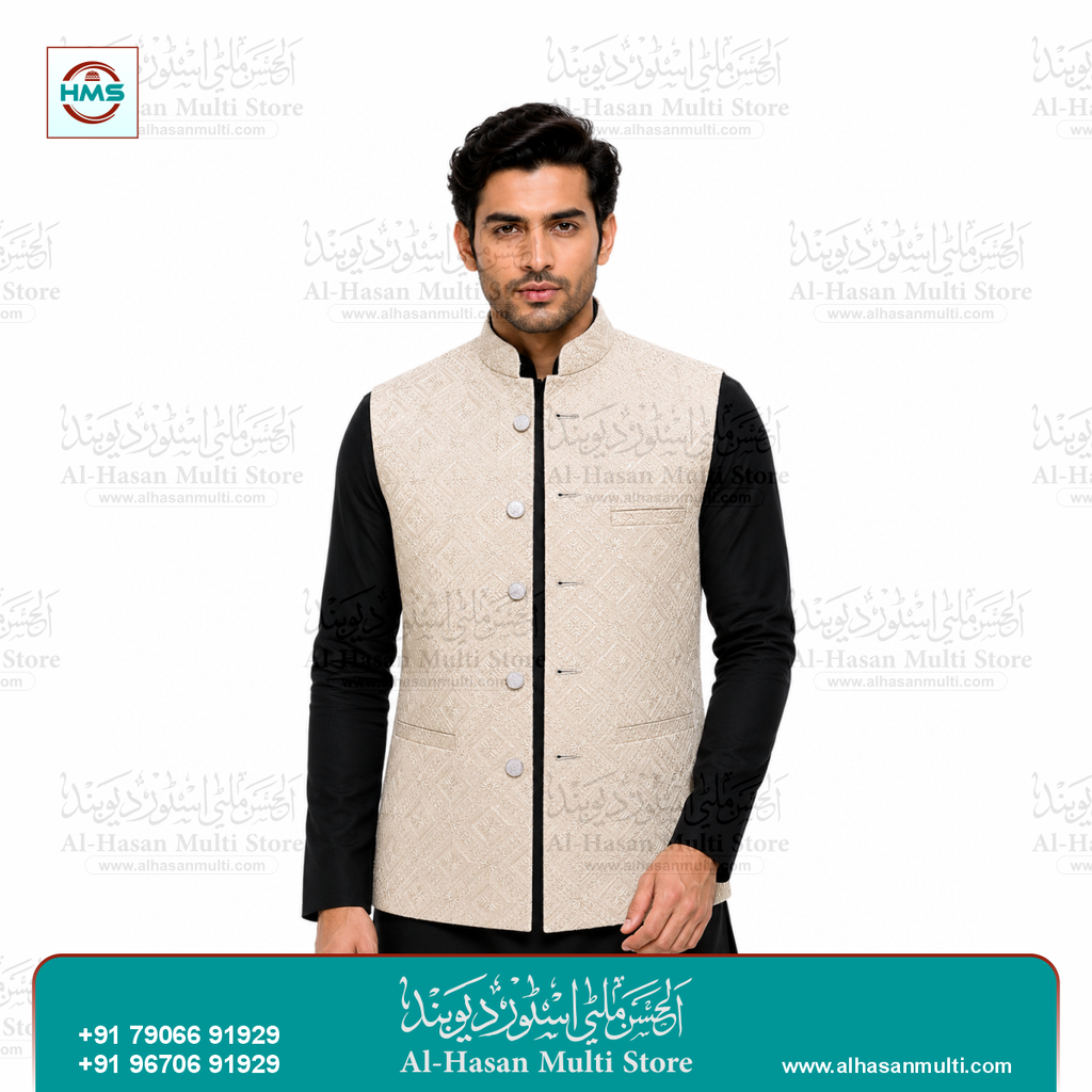 Champagne Gold Sequin Embroidered Sadri Waistcoat for Men