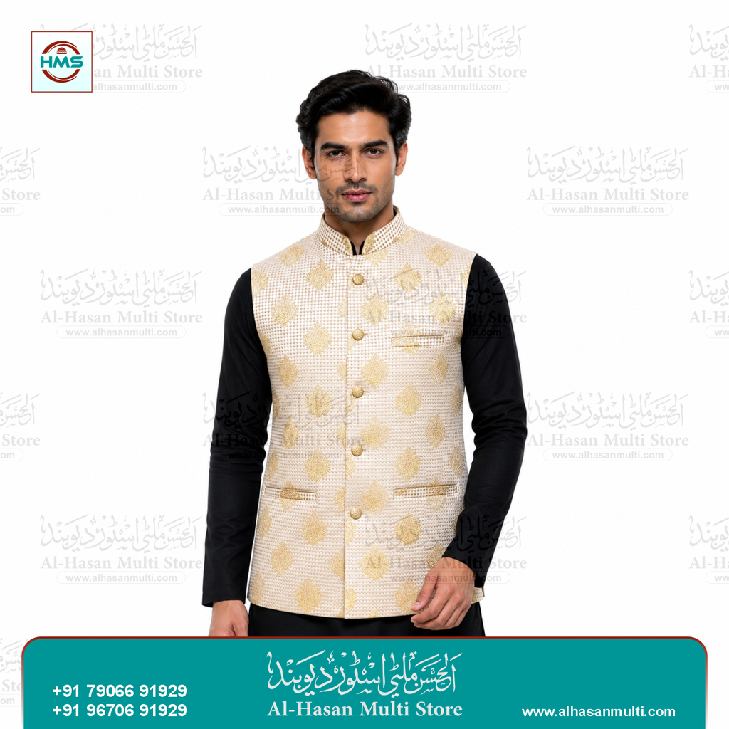 Imperial Gold Motif Jacquard Sadri Waistcoat for Men