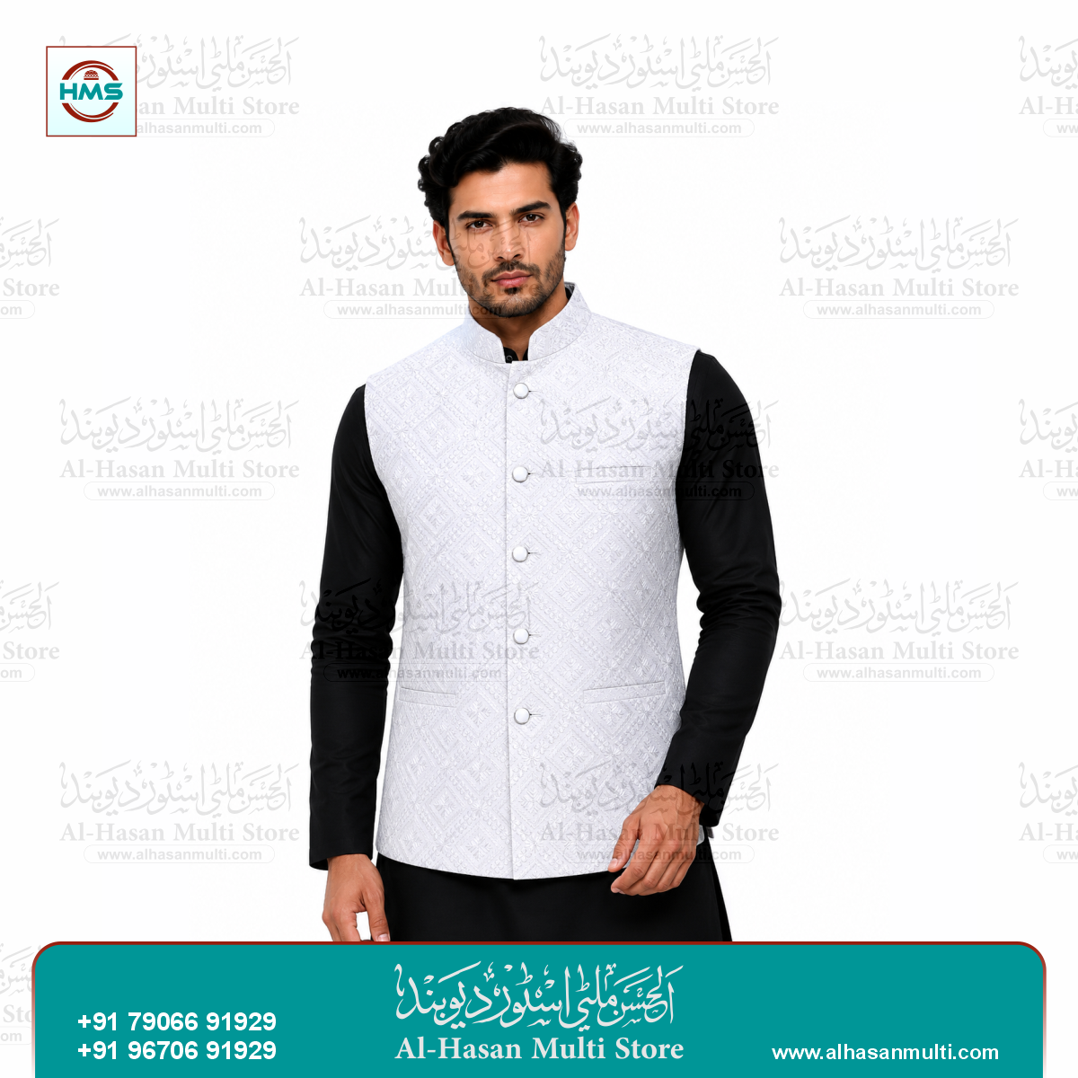 Arctic White Diamond Embroidered Sadri Waistcoat for Men