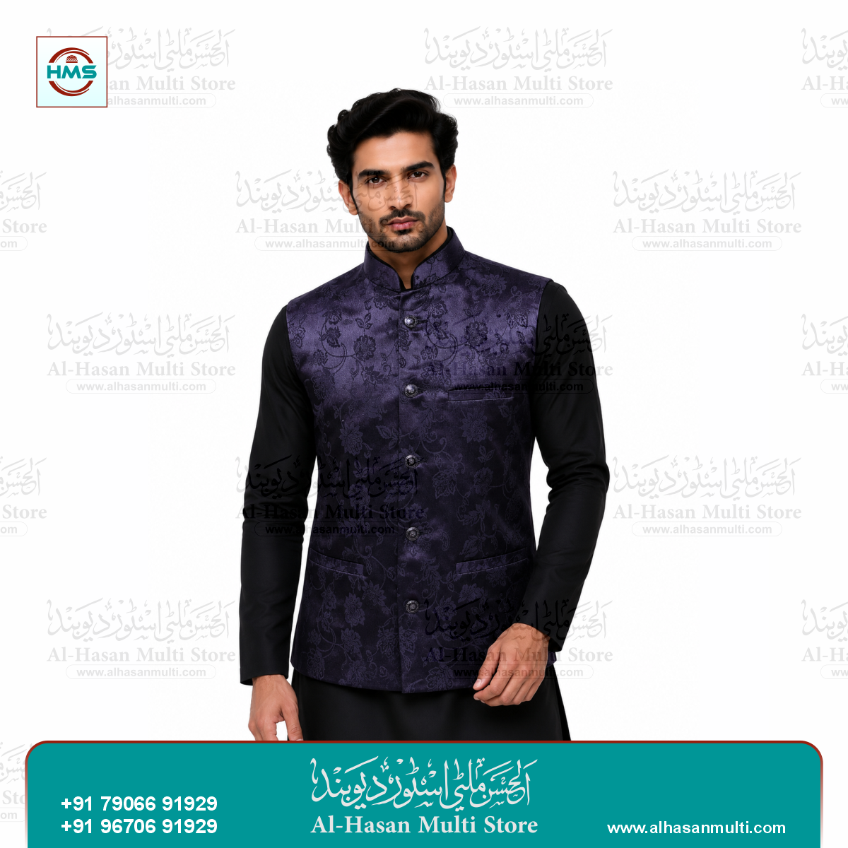 Onyx Black Diamond Jacquard Sadri Waistcoat for Men