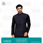 Midnight Black Geometric Jacquard Sadri Waistcoat for Men