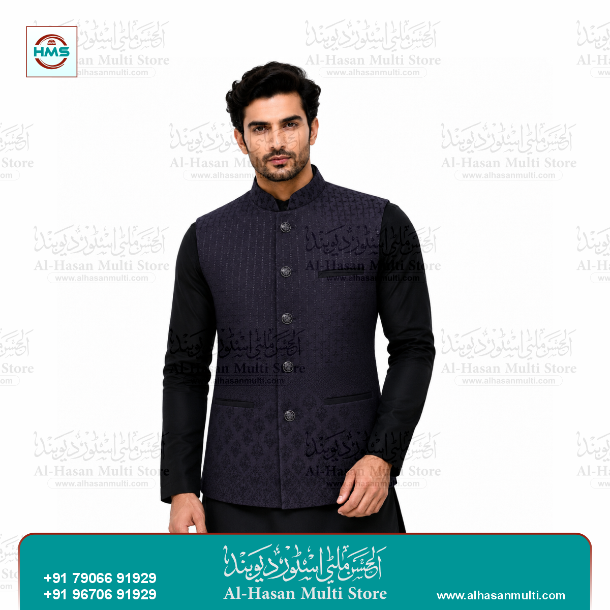 Midnight Black Geometric Jacquard Sadri Waistcoat for Men