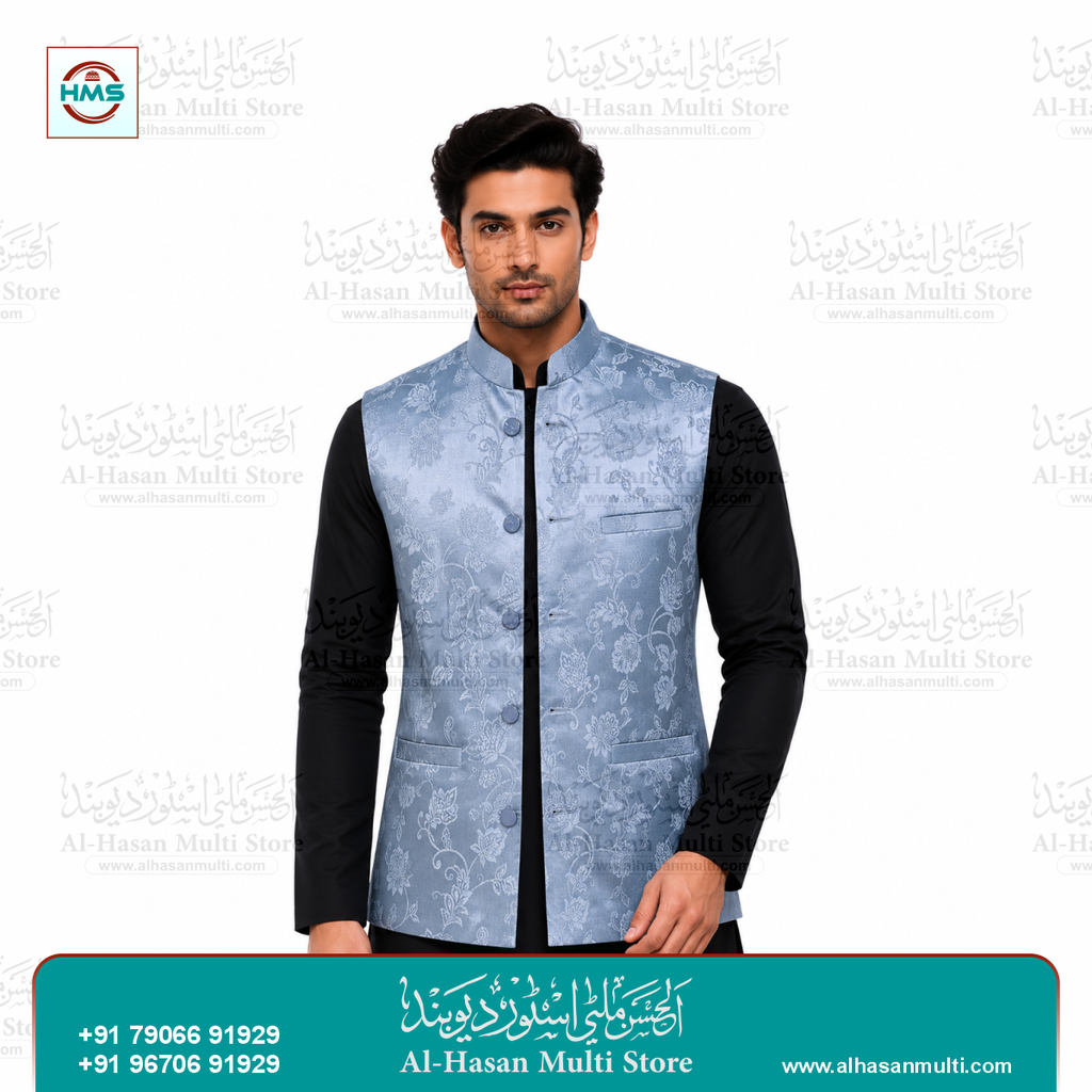 Ice Blue Floral Jacquard Sadri Waistcoat for Men