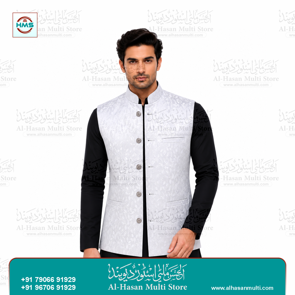 Pearl White Leaf Jacquard Sadri Waistcoat for Men