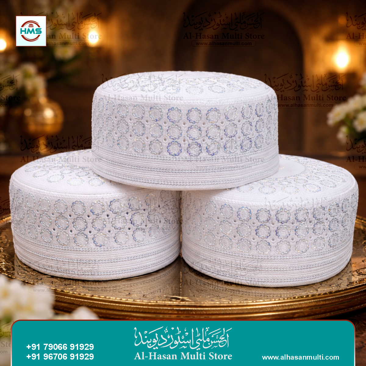 White Silver Embroidered Topi