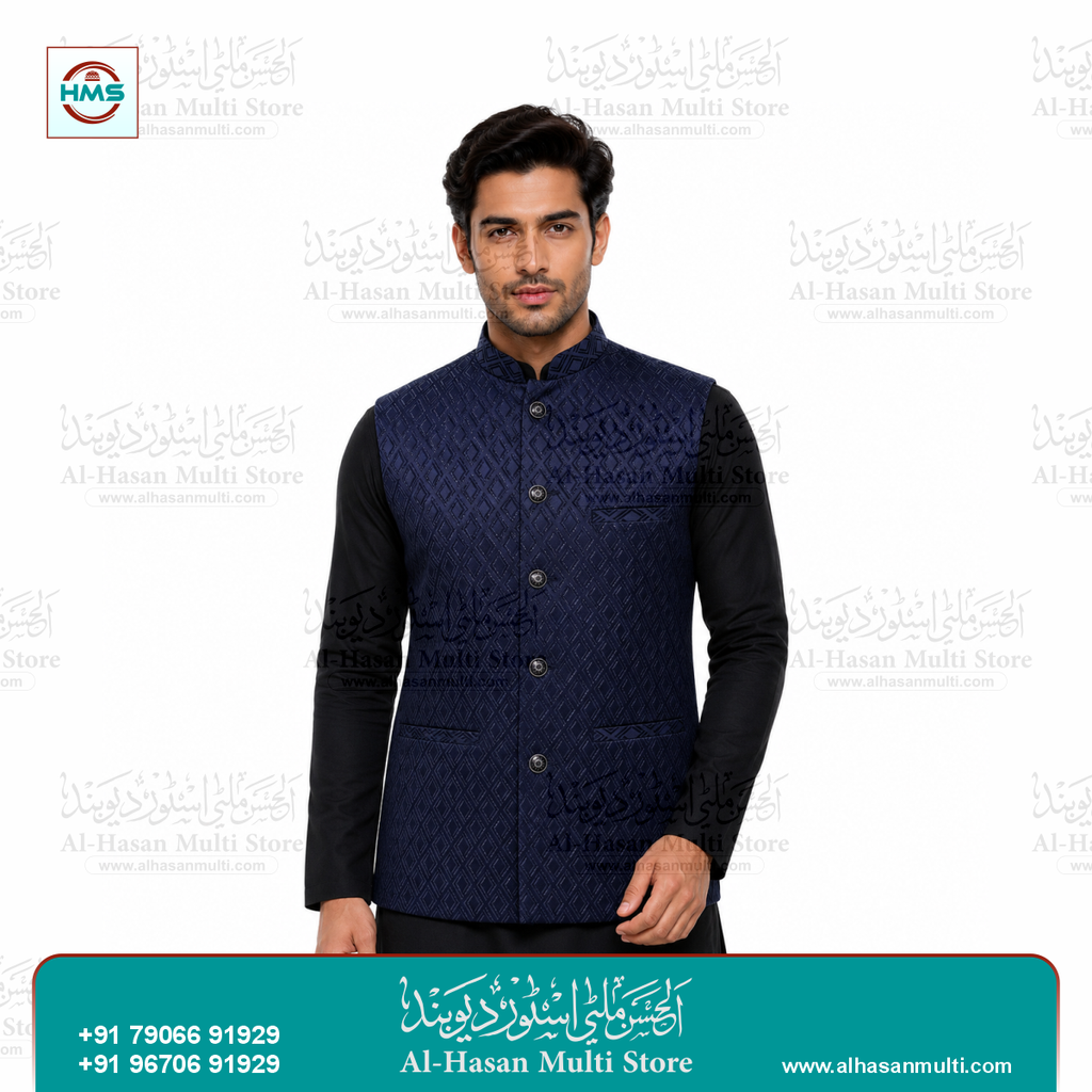 Midnight Blue Diamond Jacquard Sadri Waistcoat for Men