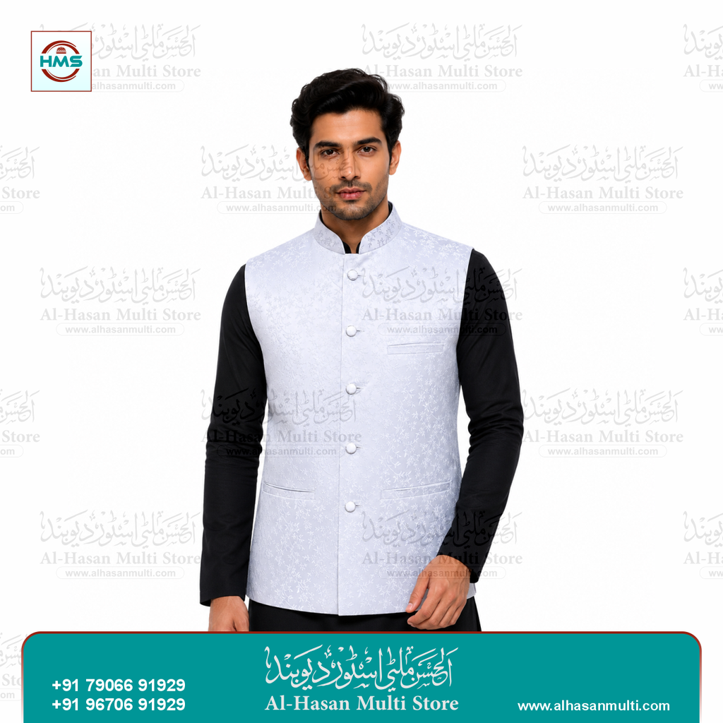 Ivory White Floral Jacquard Sadri Waistcoat for Men