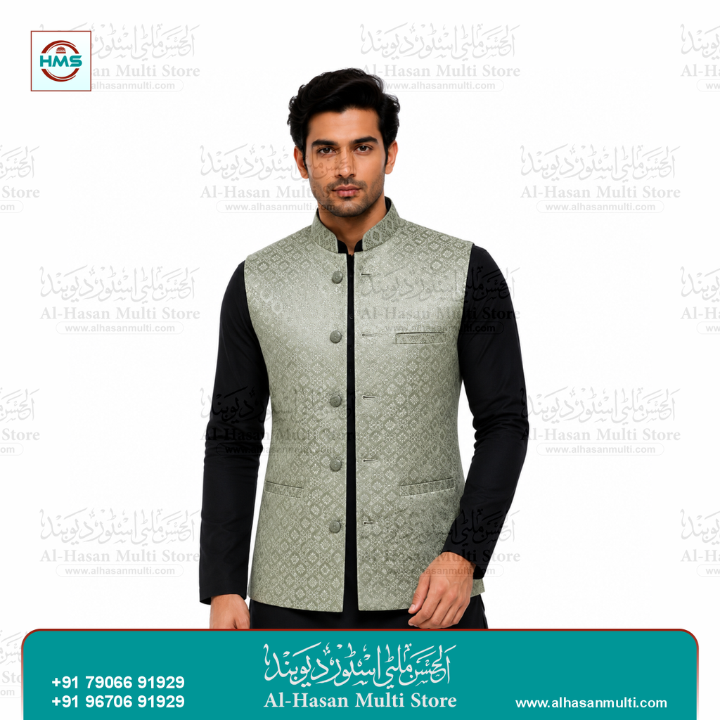 Sage Green Diamond Jacquard Sadri Waistcoat for Men