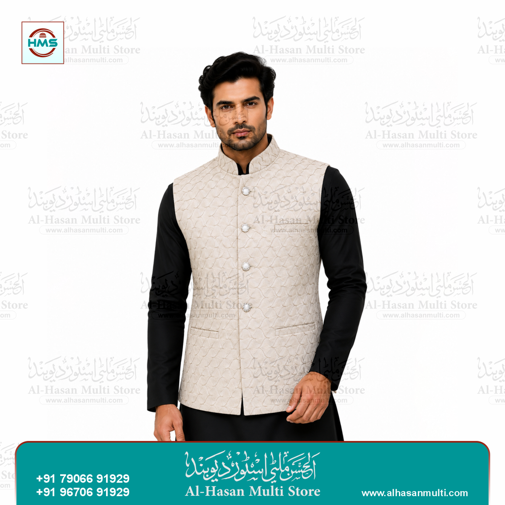 Ivory Gold Wave Jacquard Sadri Waistcoat for Men