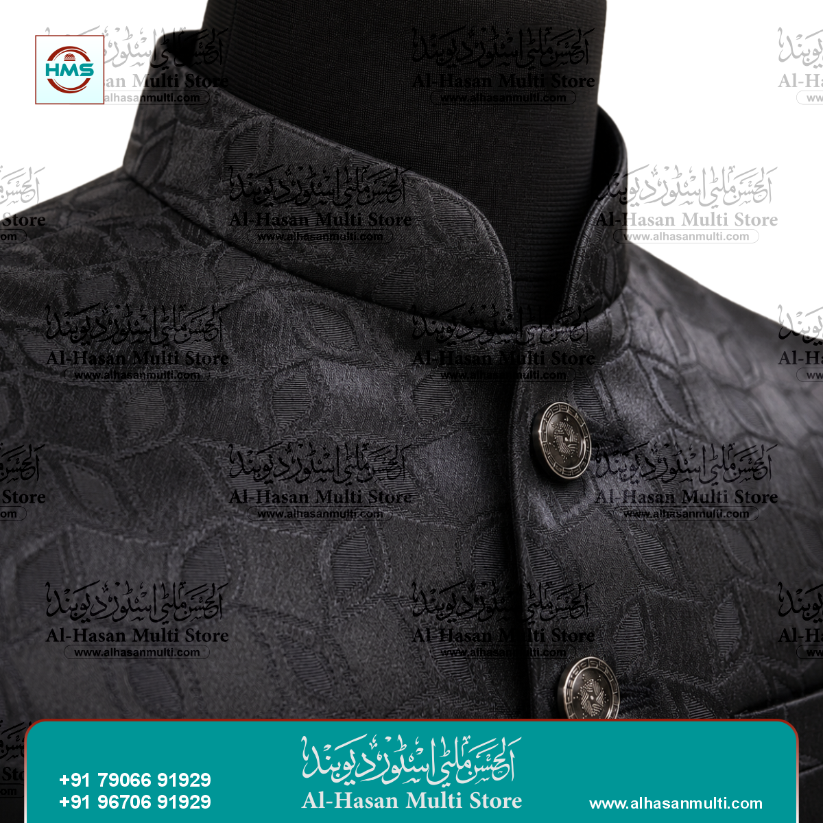 Onyx Black Leaf Jacquard Sadri Waistcoat for Men