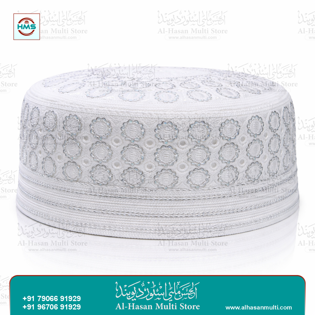White Silver Embroidered Topi