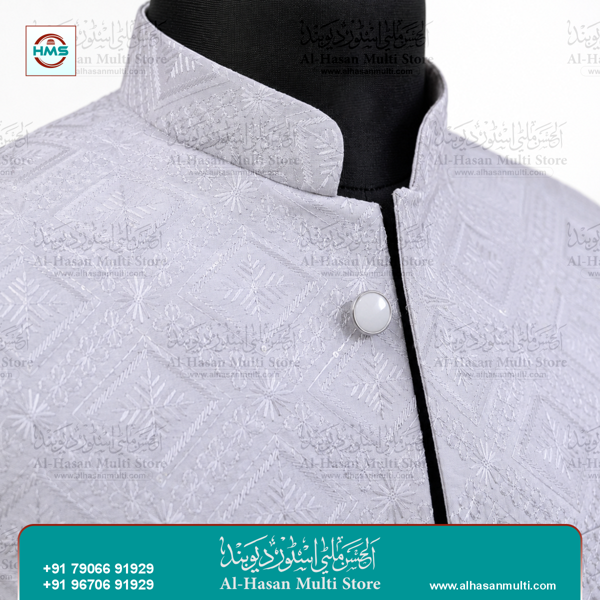 Arctic White Diamond Embroidered Sadri Waistcoat for Men