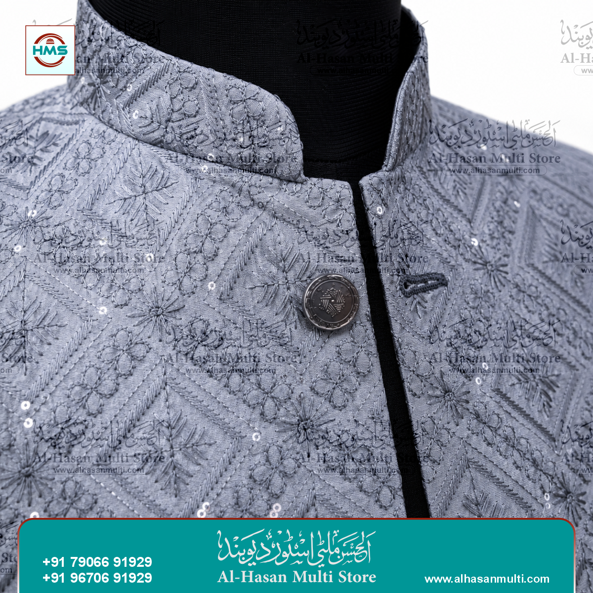 Silver Grey Diamond Sequin Sadri Waistcoat for Men