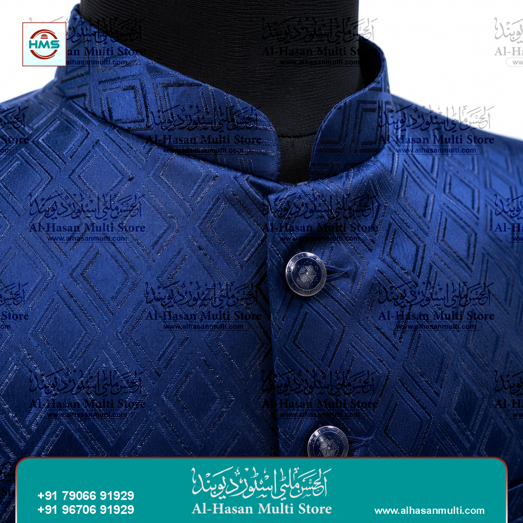 Royal Blue Diamond Jacquard Sadri Waistcoat for Men