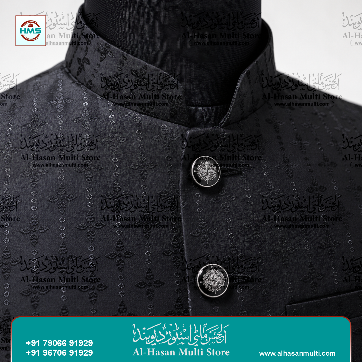 Midnight Black Geometric Jacquard Sadri Waistcoat for Men