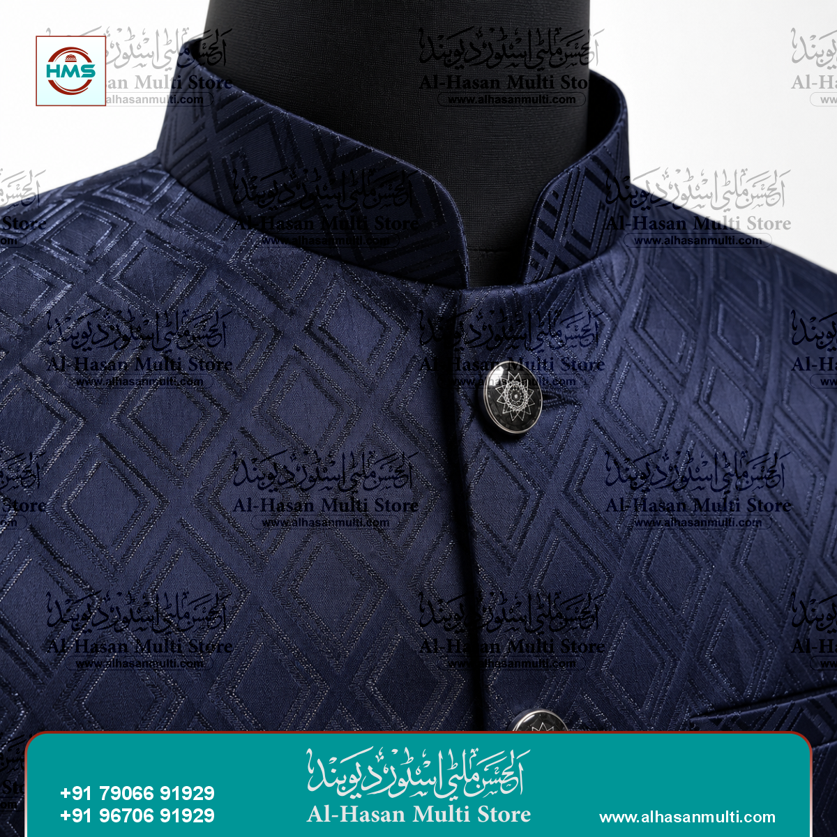 Midnight Blue Diamond Jacquard Sadri Waistcoat for Men