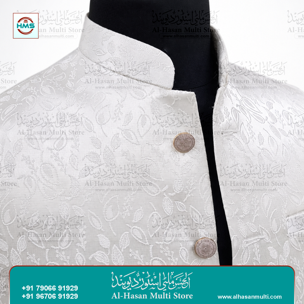 Pearl White Leaf Jacquard Sadri Waistcoat for Men