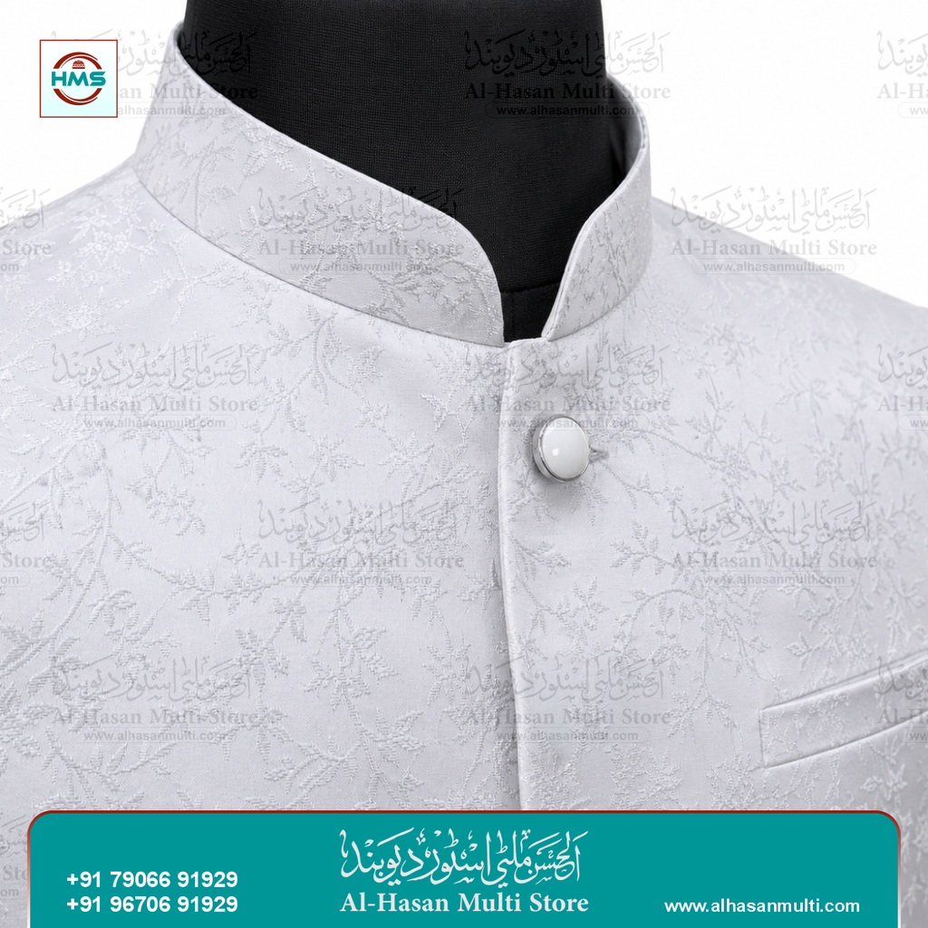 Ivory White Floral Jacquard Sadri Waistcoat for Men
