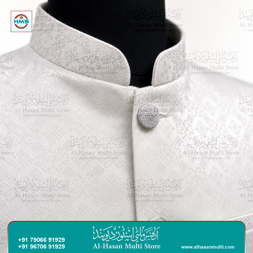 Pearl White Geometric Jacquard Sadri Waistcoat for Men