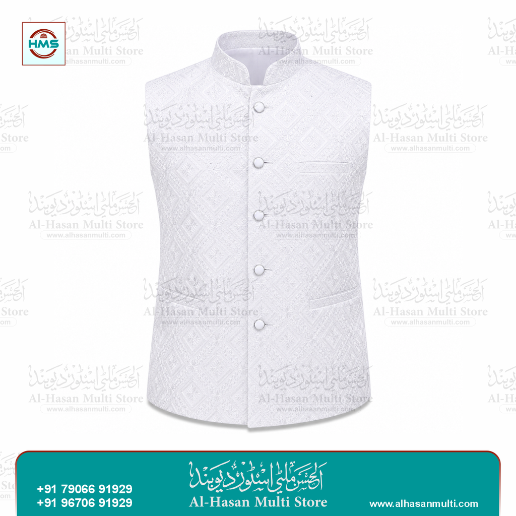 Arctic White Diamond Embroidered Sadri Waistcoat for Men