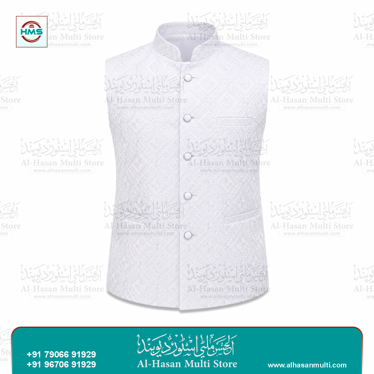 Arctic White Diamond Embroidered Sadri Waistcoat for Men
