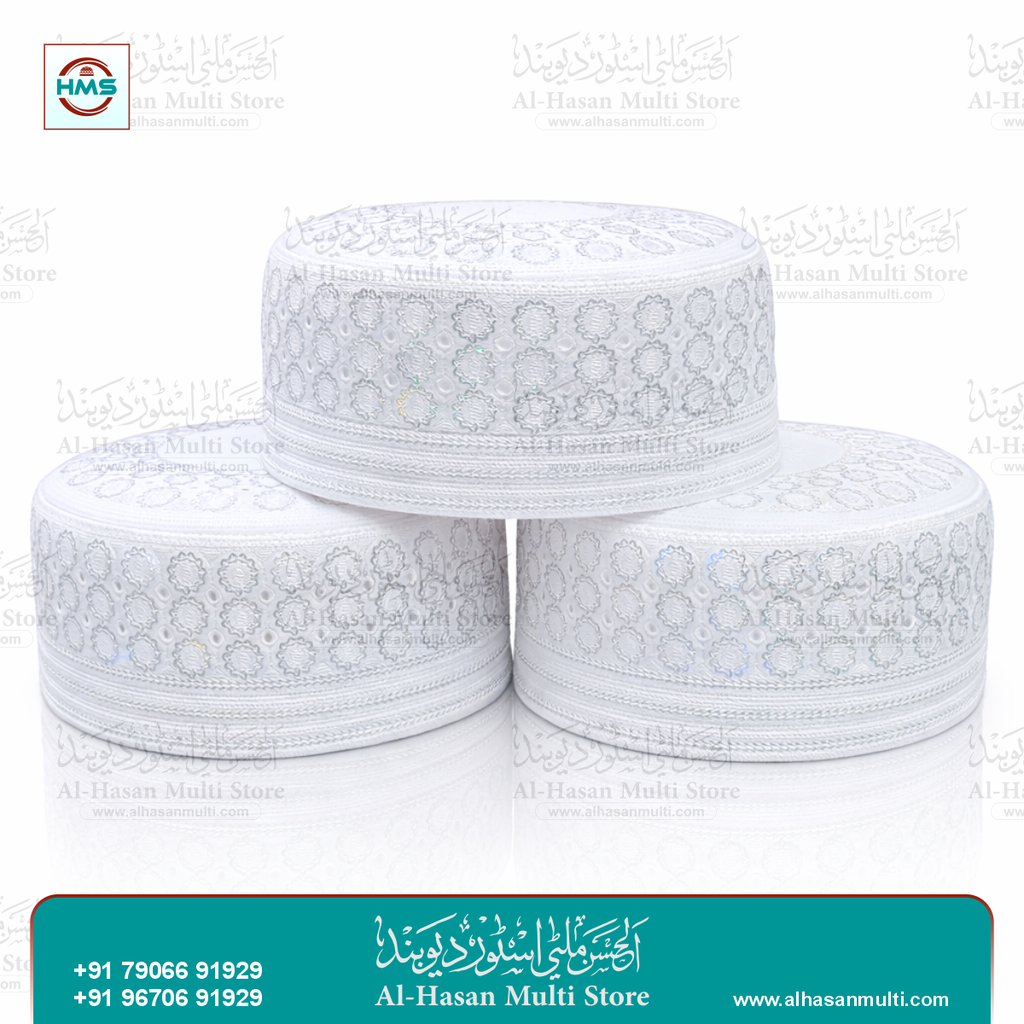 White Silver Embroidered Topi