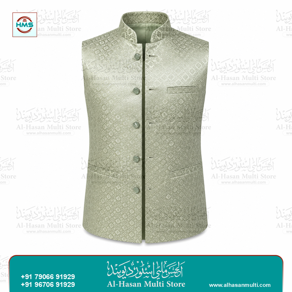 Sage Green Diamond Jacquard Sadri Waistcoat for Men