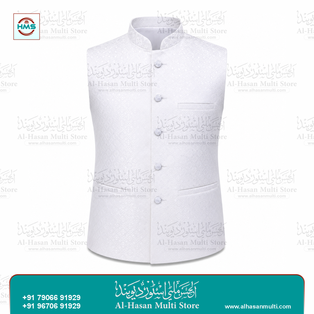 Pearl White Geometric Jacquard Sadri Waistcoat for Men