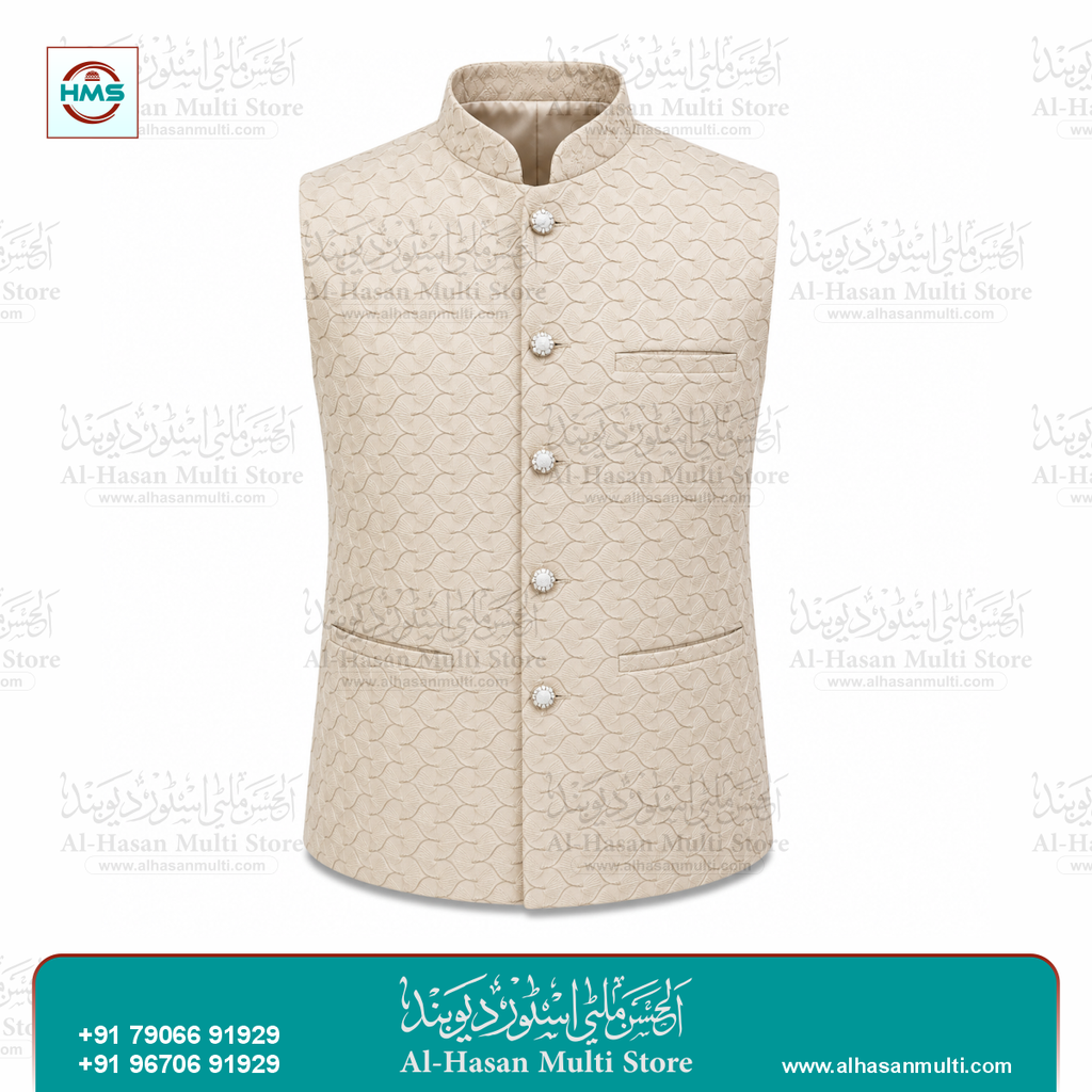 Ivory Gold Wave Jacquard Sadri Waistcoat for Men
