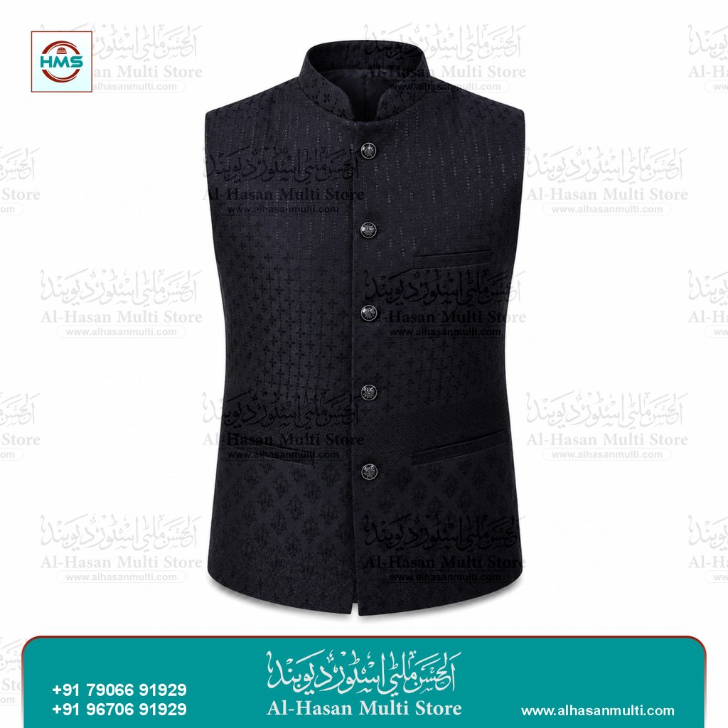 Midnight Black Geometric Jacquard Sadri Waistcoat for Men