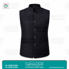 Midnight Black Geometric Jacquard Sadri Waistcoat for Men