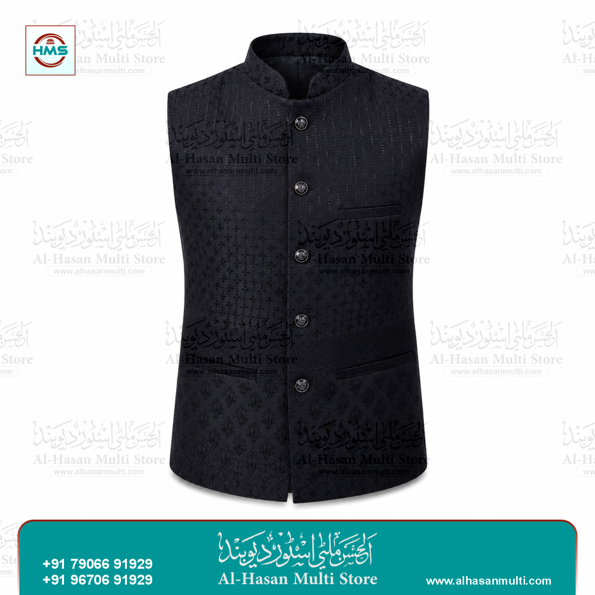 Midnight Black Geometric Jacquard Sadri Waistcoat for Men