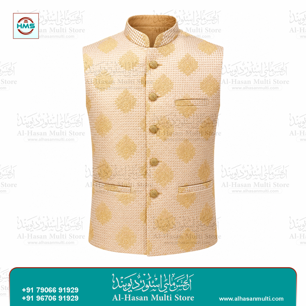 Imperial Gold Motif Jacquard Sadri Waistcoat for Men
