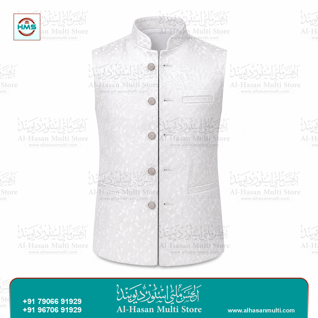 Pearl White Leaf Jacquard Sadri Waistcoat for Men