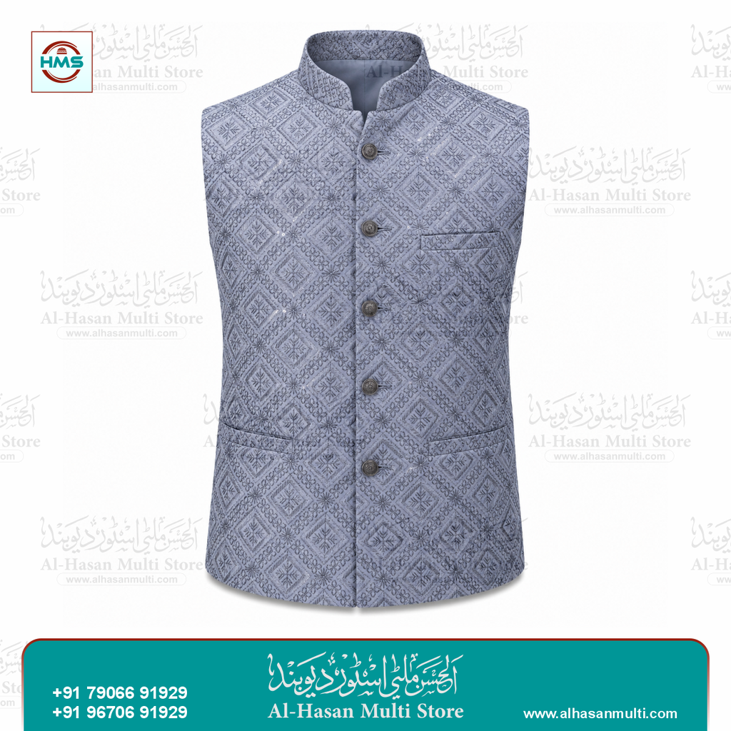 Silver Grey Diamond Sequin Sadri Waistcoat for Men