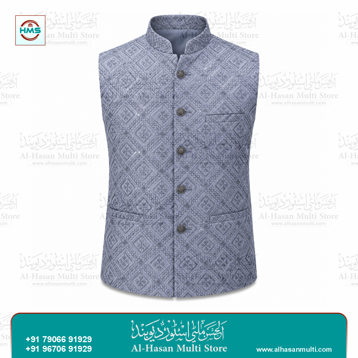 Silver Grey Diamond Sequin Sadri Waistcoat for Men