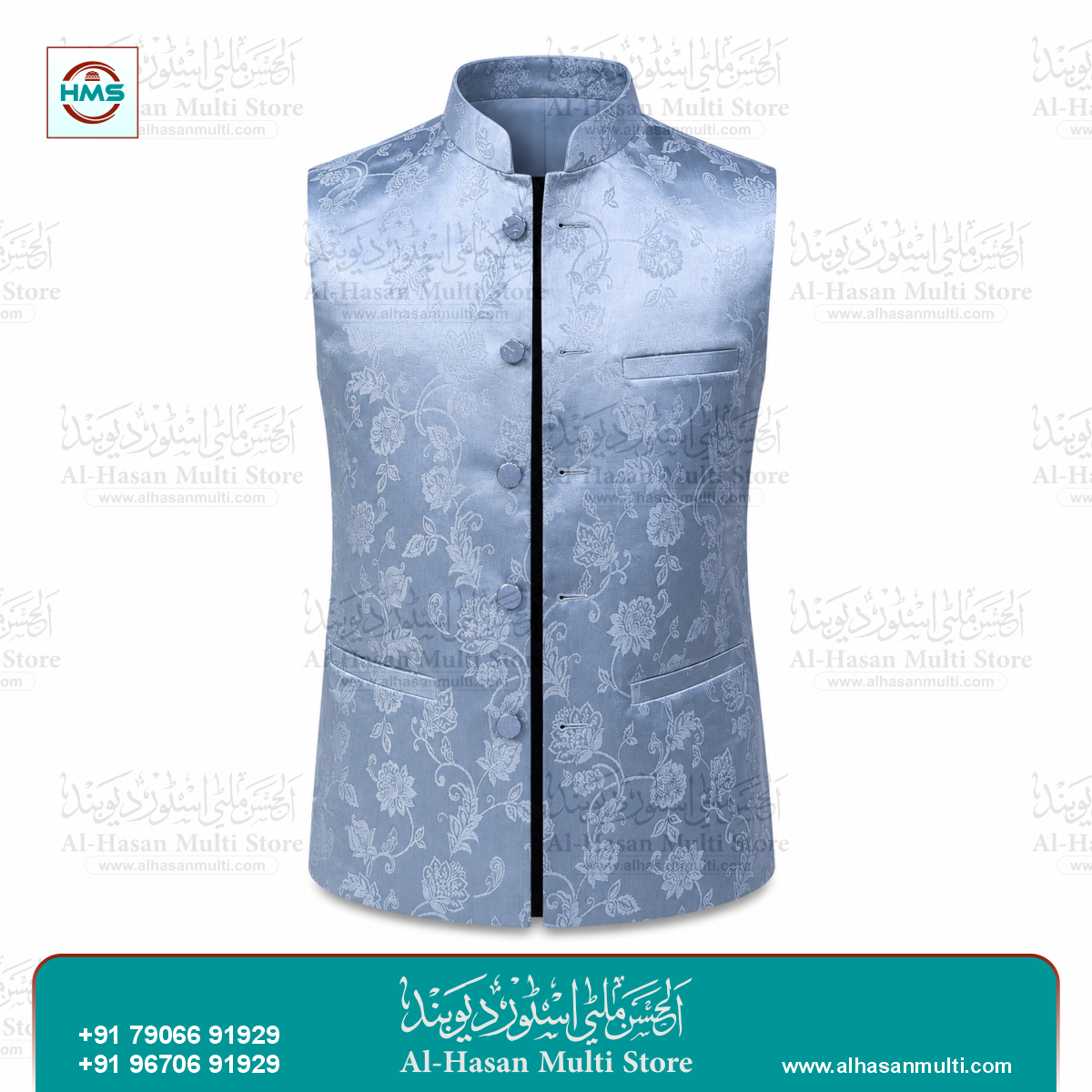 Ice Blue Floral Jacquard Sadri Waistcoat for Men