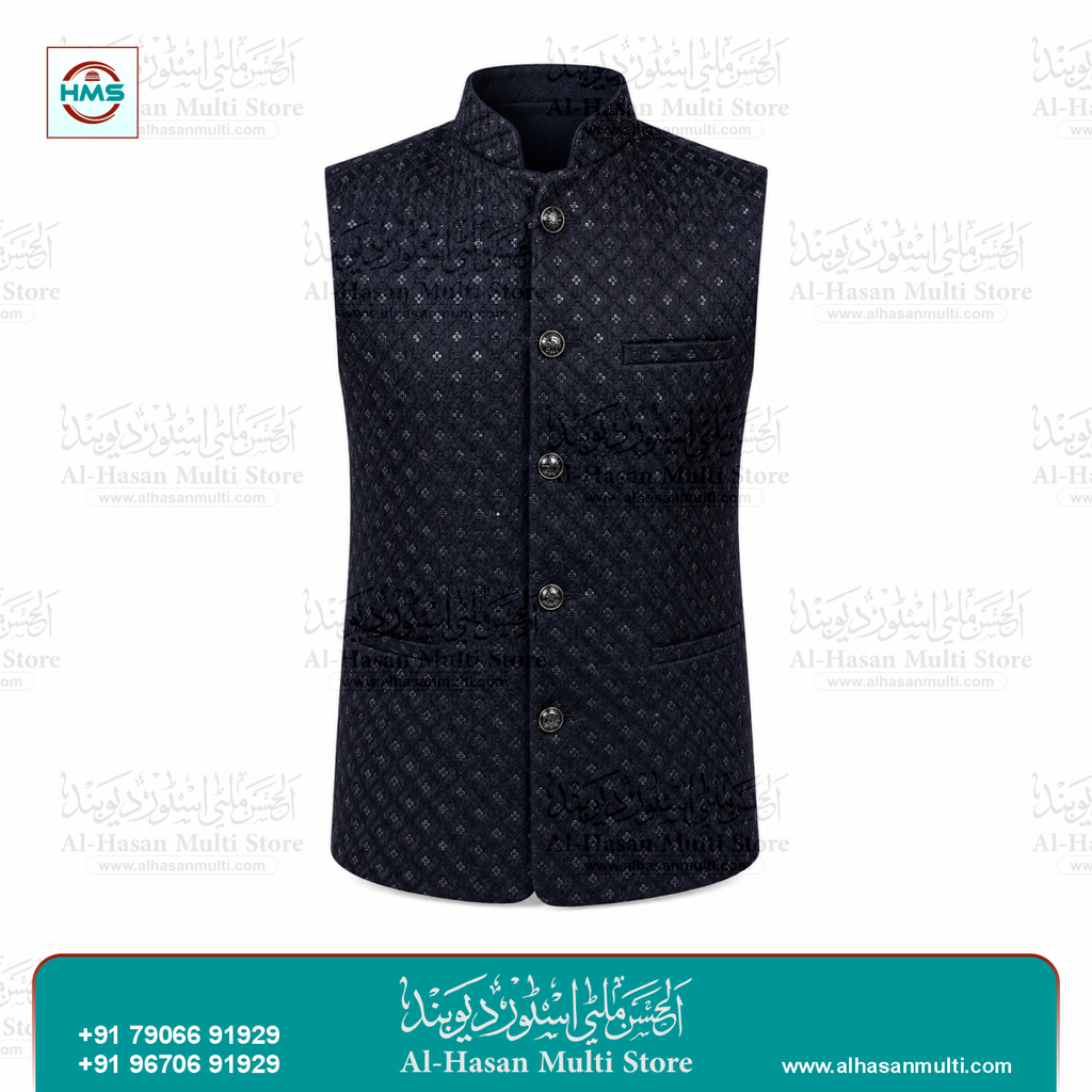 Noir Sequin Diamond Jacquard Sadri Waistcoat for Men