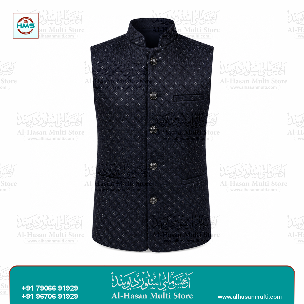 Noir Sequin Diamond Jacquard Sadri Waistcoat for Men