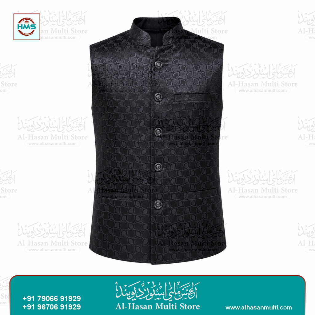 Onyx Black Leaf Jacquard Sadri Waistcoat for Men