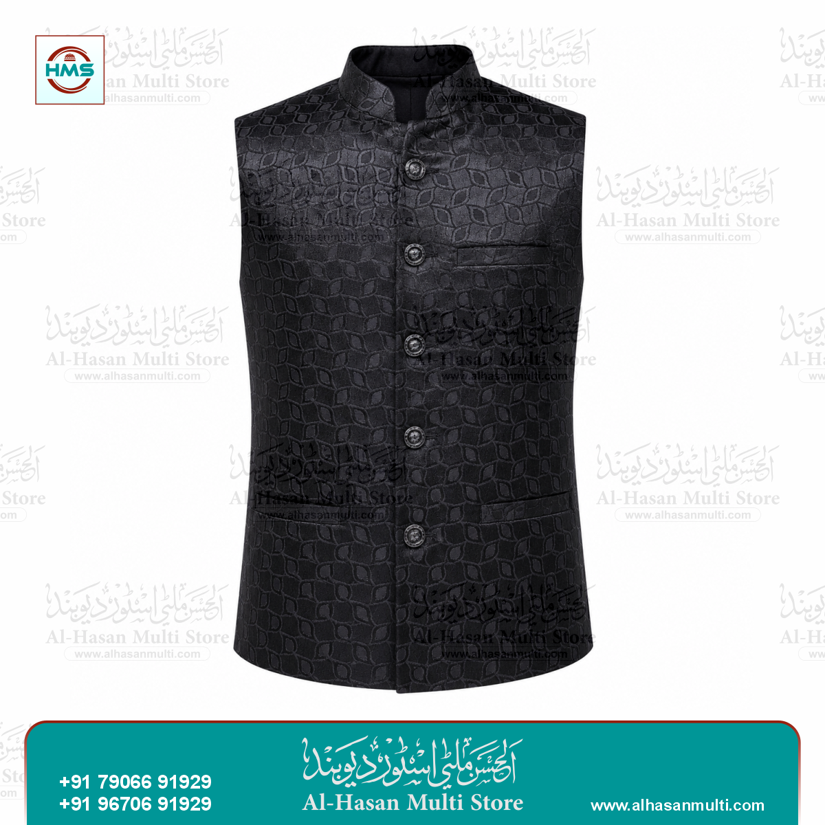 Onyx Black Leaf Jacquard Sadri Waistcoat for Men