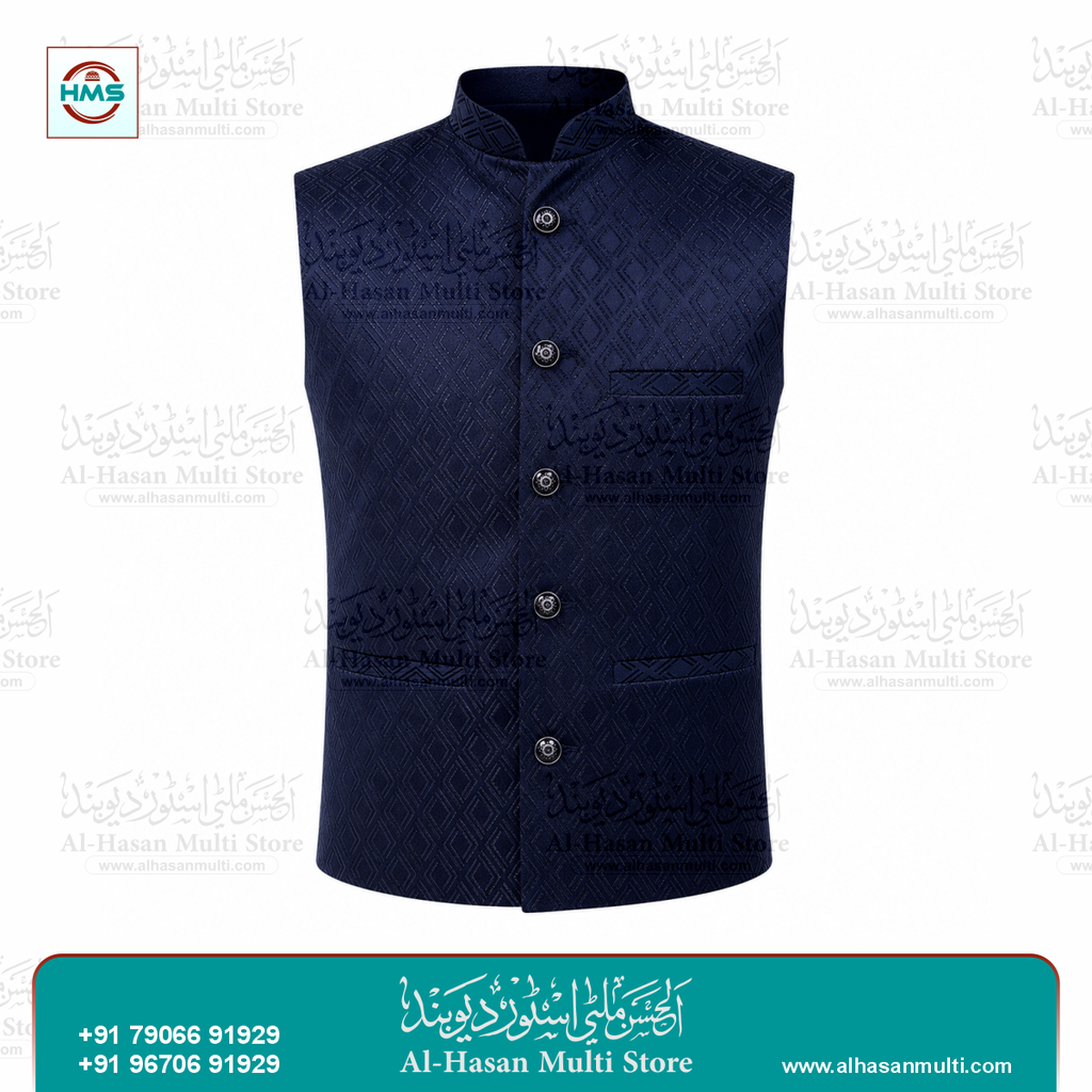 Midnight Blue Diamond Jacquard Sadri Waistcoat for Men