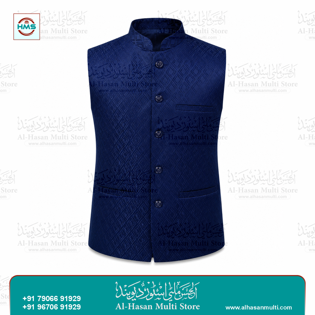 Royal Blue Diamond Jacquard Sadri Waistcoat for Men