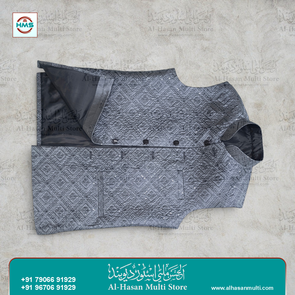 Silver Grey Diamond Sequin Sadri Waistcoat for Men